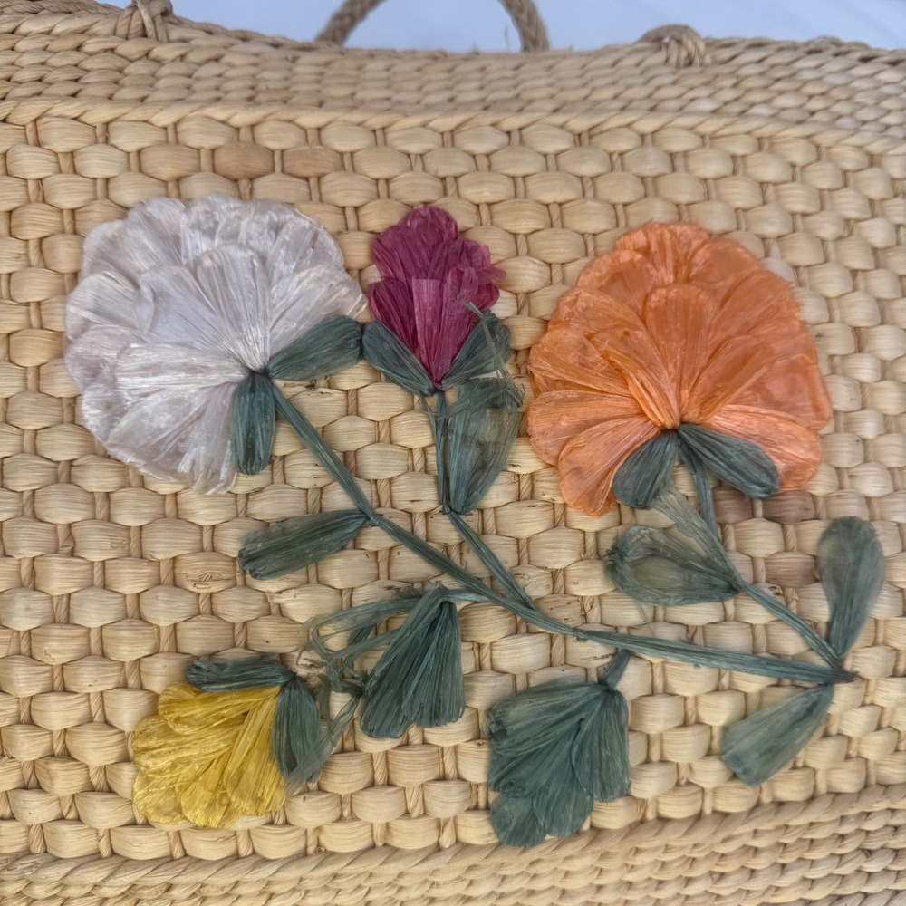 Vintage Woven Straw Tote Bag Raffia Floral Embroidery Boho Basket Beach Bag Tan - Picture 3 of 14